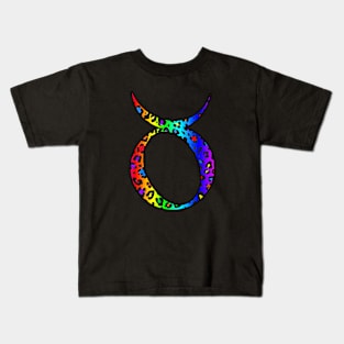 Taurus Zodiac Horoscope Symbol in Dark Rainbow Leopard Print Kids T-Shirt